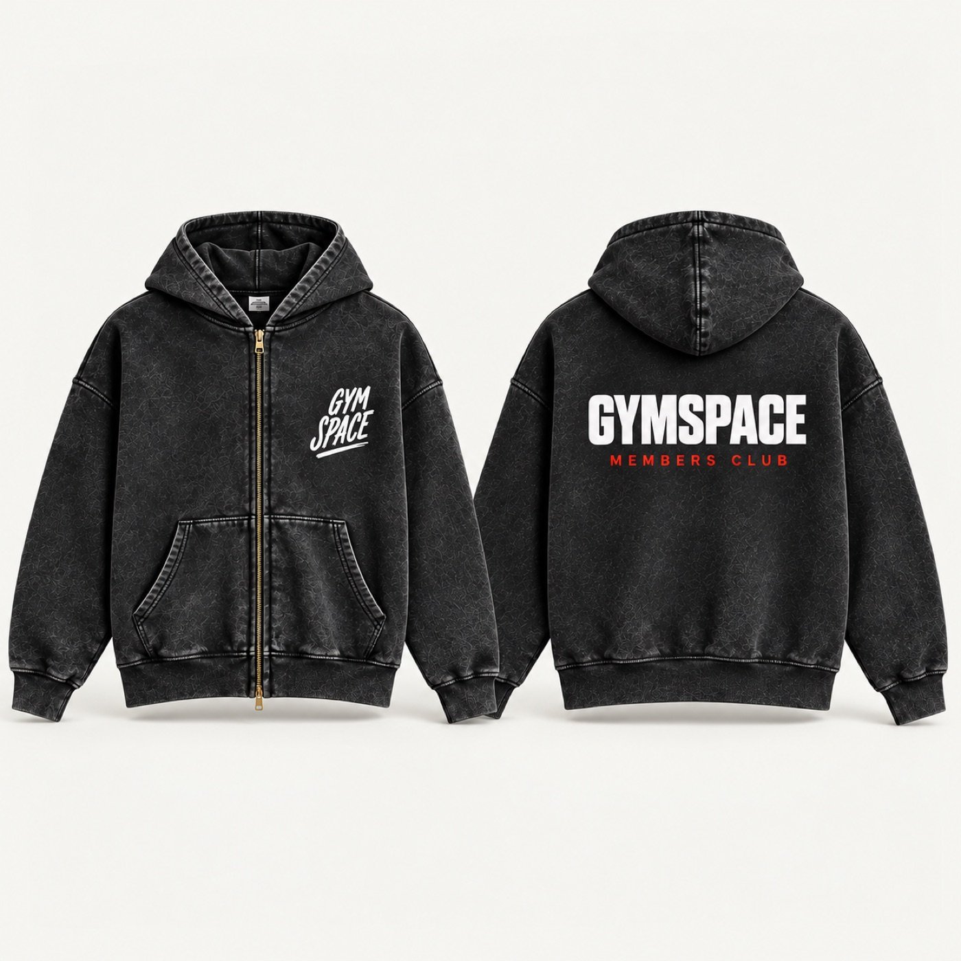 GymSpace Members Club heavyweight zip hoodie, front and back