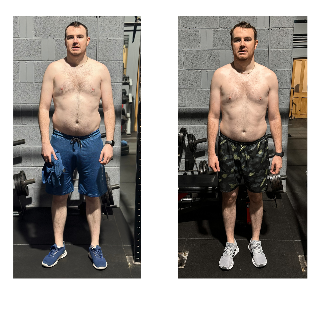 Man's transformation from apprehensive gym-goer to confident fitness enthusiast at GymSpace. Before photo shows him hesitant; after photo shows him enjoying exercise and showcasing his slimmer physique.