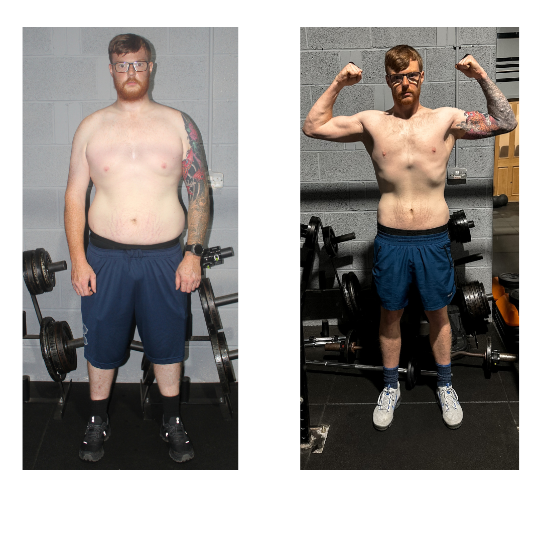 Man's remarkable transformation: before photo shows him overweight and hesitant; after photo shows him confident and fit after losing 30kg at GymSpace in one year through his personal training sessions and weekly classes.