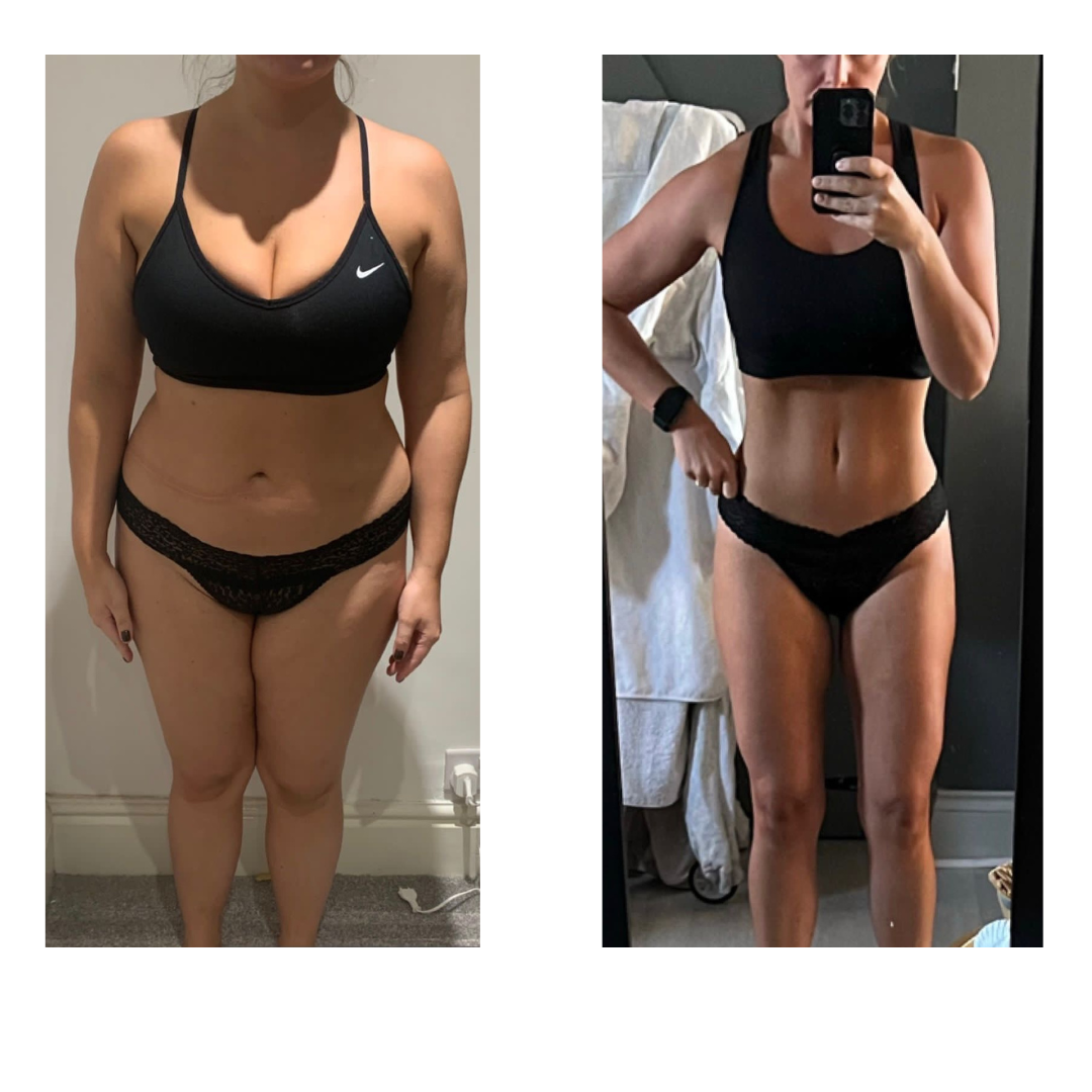 Before and after images showcasing a woman's remarkable body transformation achieved through personal training and classes at GymSpace.